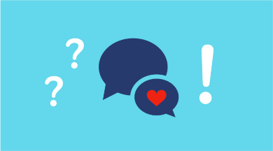 Illustration mit Sprechblasen und Fragezeichen und Ausrufezeichen. In einer Sprechblase ist ein rotes Herz integriert. Die Überschrift der Illustration lautet 'FAQ & Expert:innen'.