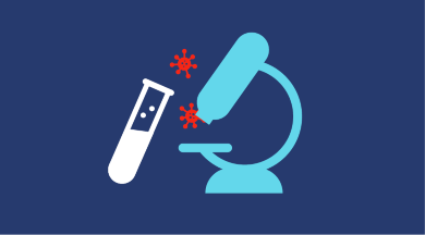 Grafik mit Mikroskop und Reagenzglas auf blauem Hintergrund mit dem Text 'Biomarkertestungen'.
